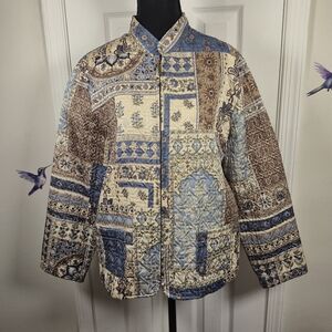 Dressbarn Quilted Patchwork Jacket L Blue Brown Tapestry Cottagecore Grandma